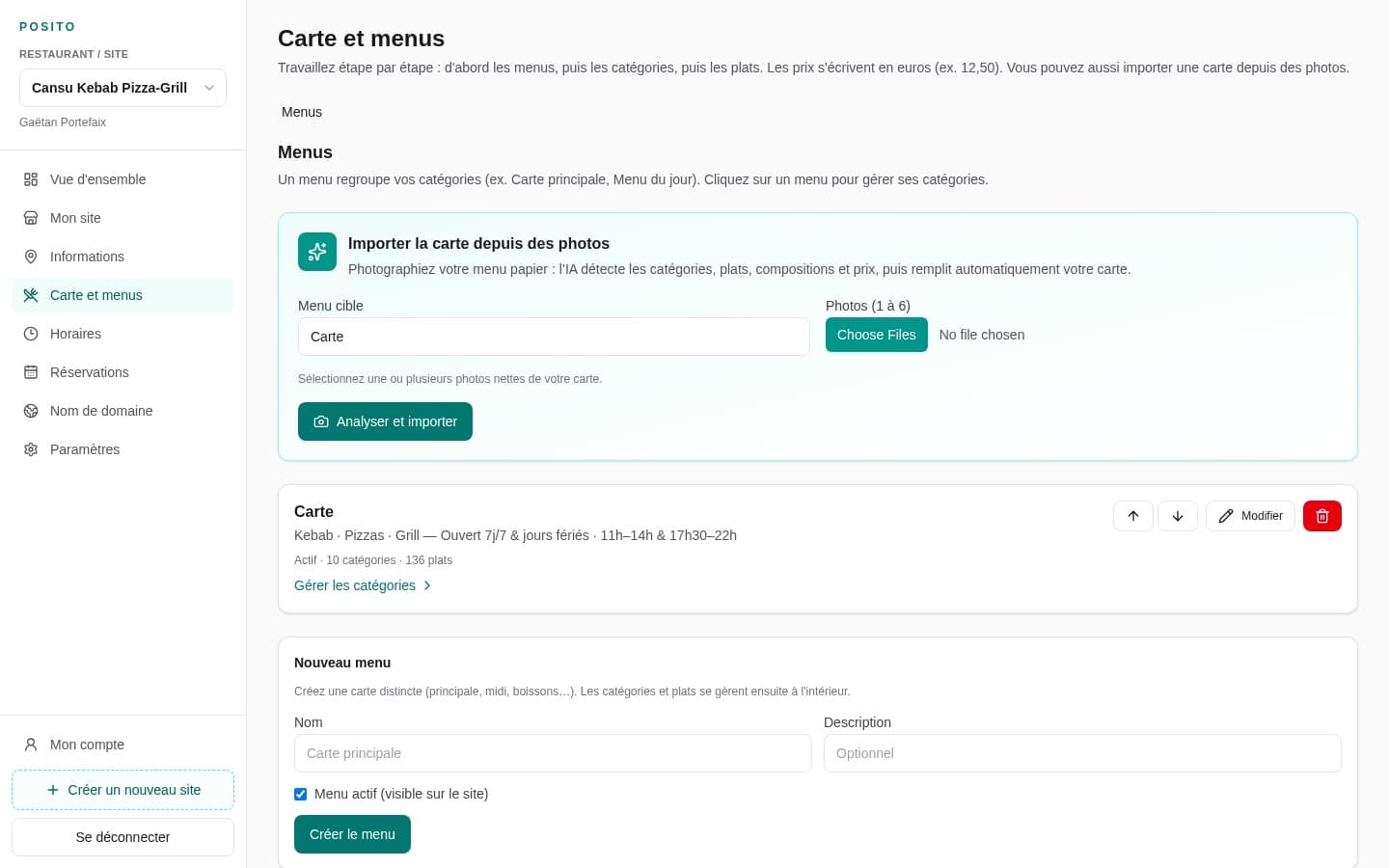 Import et gestion de la carte restaurant dans Posito